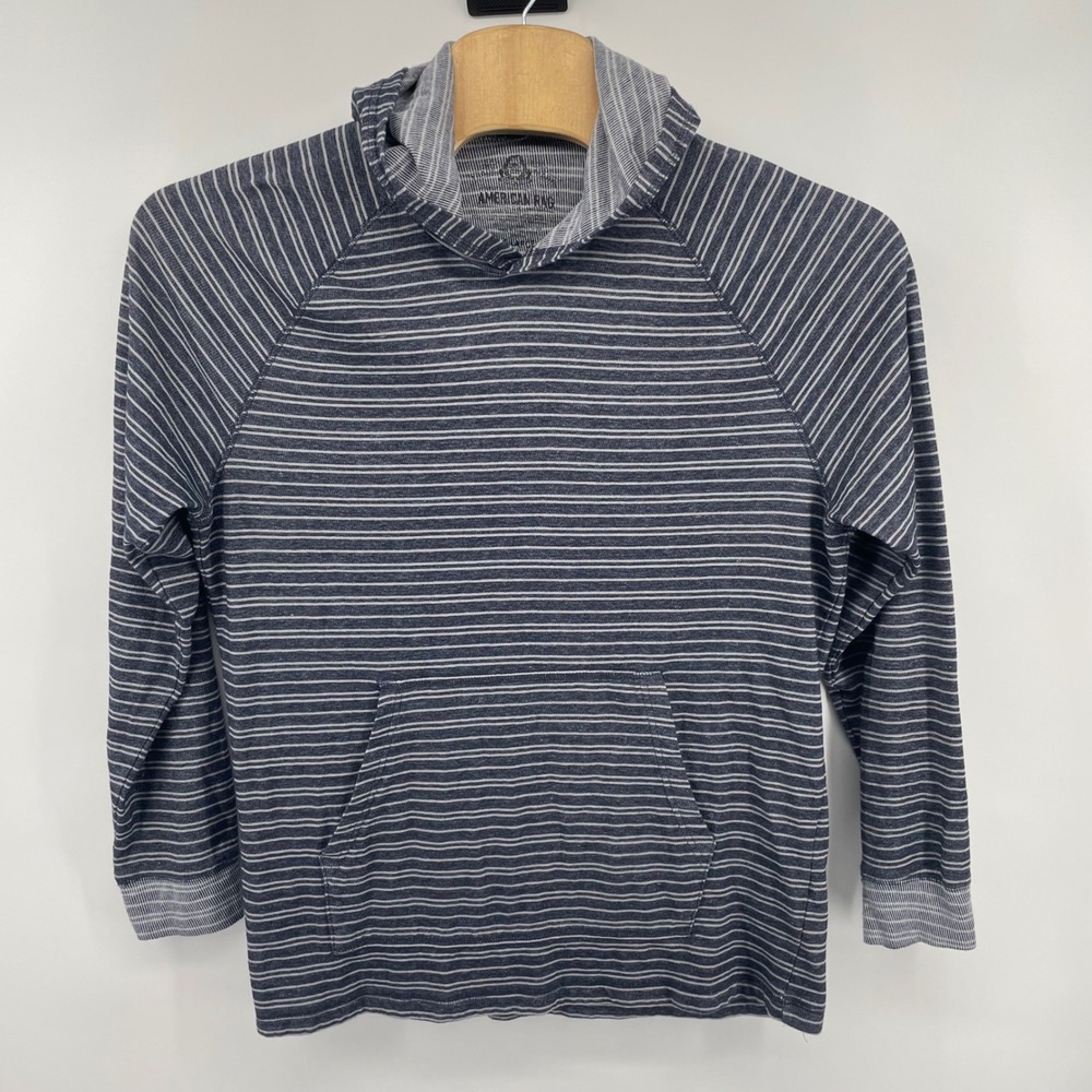 American Rag Hoodie Mens XL Blue White Striped Raglan Kangaroo Pocket Pullover
